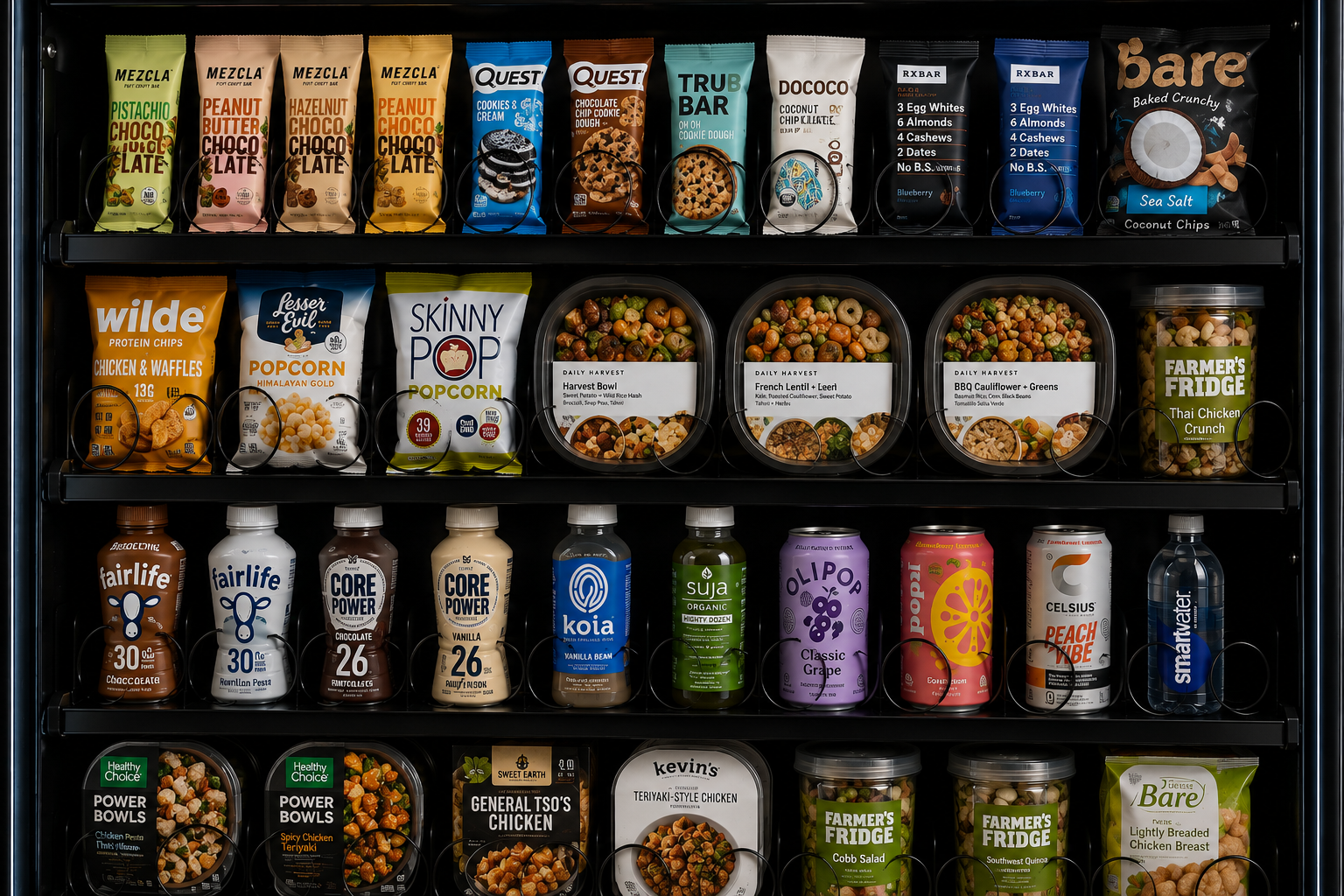 Interior view of the wellness vending machine fully stocked with MEZCLA bars, Quest, RXBAR, Skinny Pop, Daily Harvest bowls, Fairlife, Koia, OLIPOP, Celsius, Smartwater and Farmer's Fridge salads