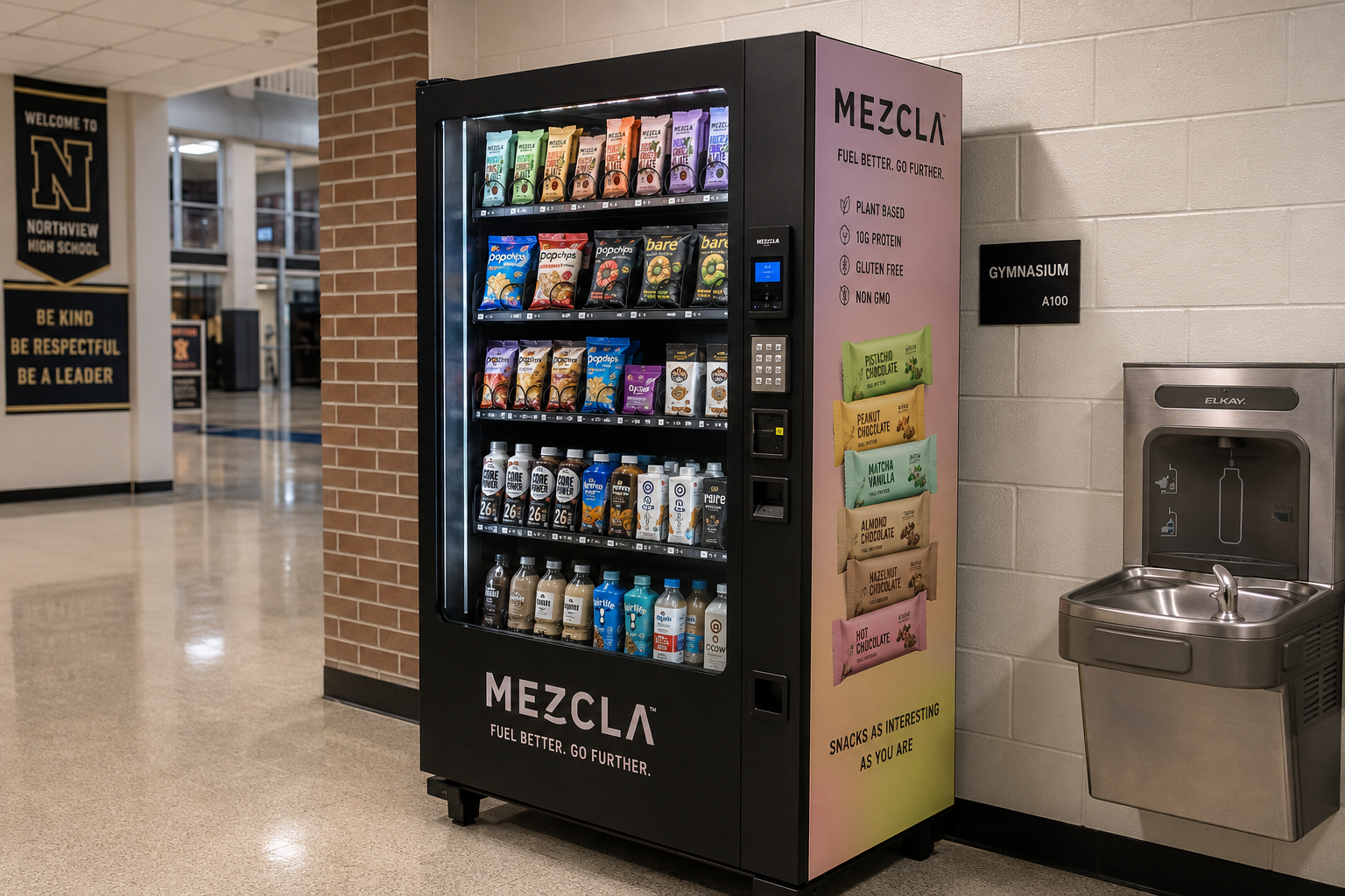Premium matte-black wellness vending machine installed in a modern school hallway